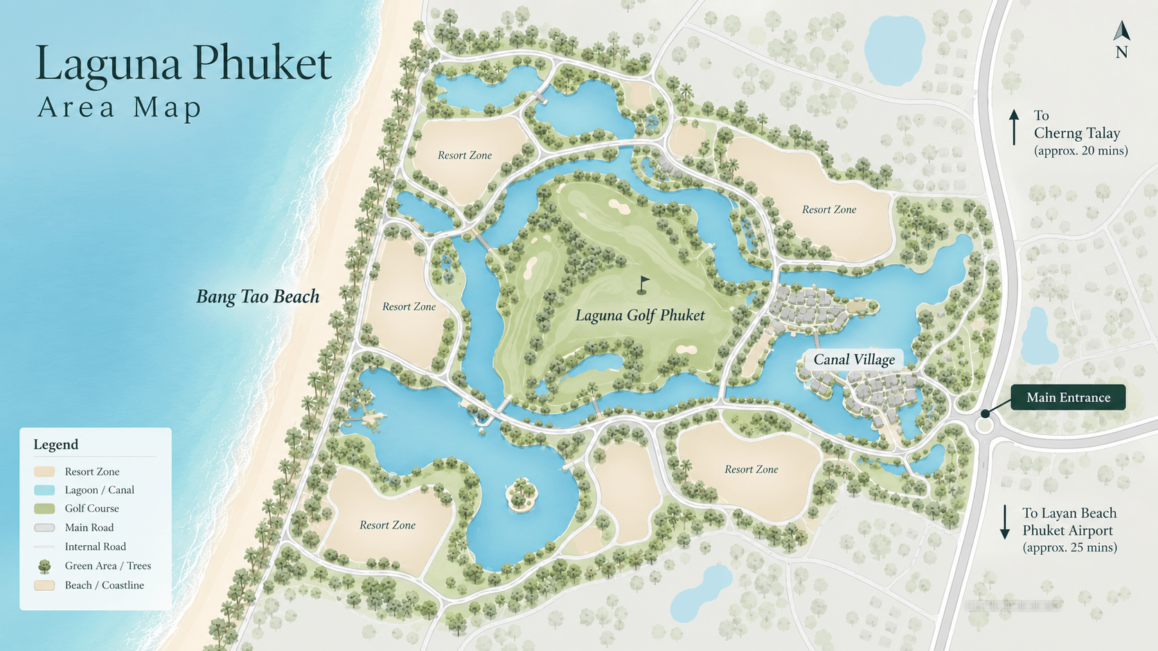 Map showing the main areas, lagoons and Bang Tao coastline within Laguna Phuket