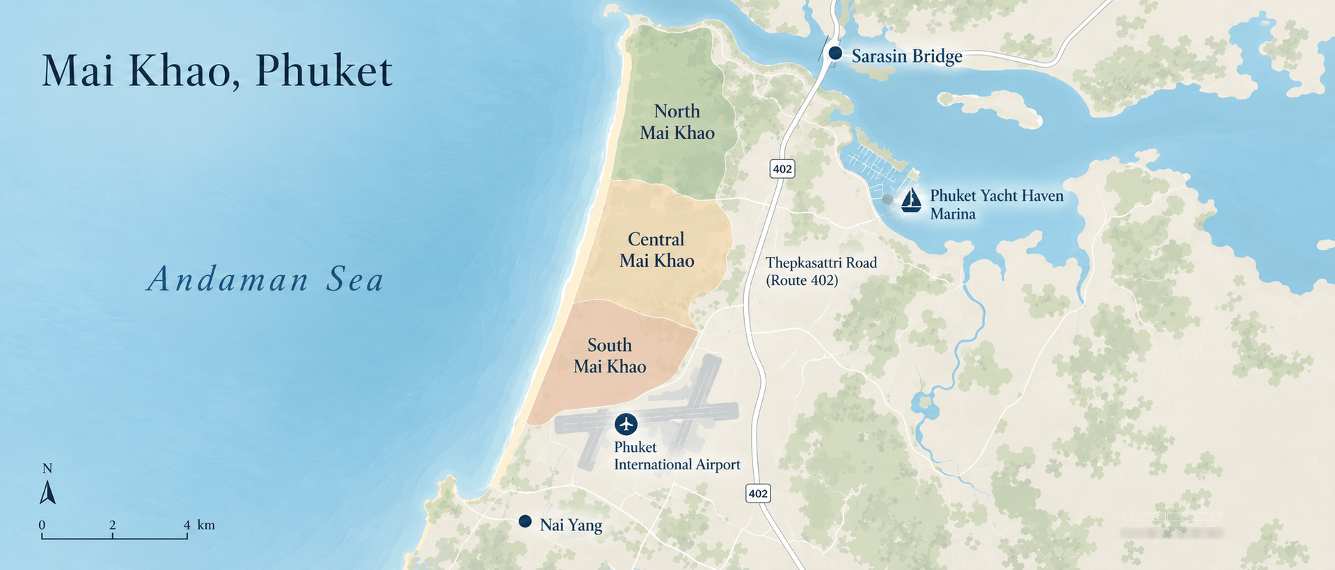 Map showing Mai Khao on the northern coast of Phuket